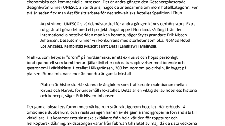 Niehku Mountain Villa i Riksgränsen vinner UNESCO:s världspris