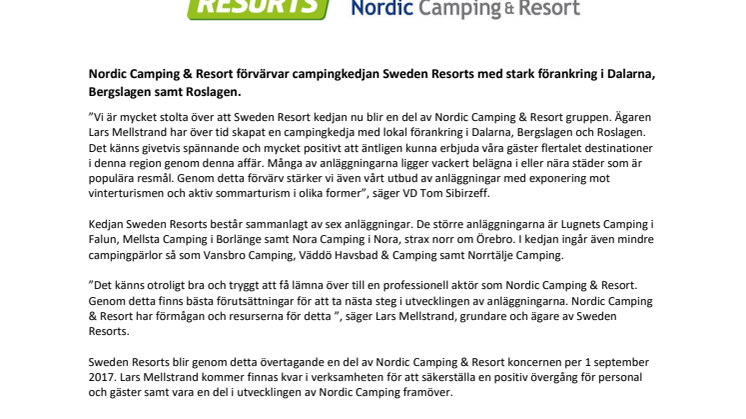 Nordic Camping & Resort tar över campingkedjan Sweden Resorts