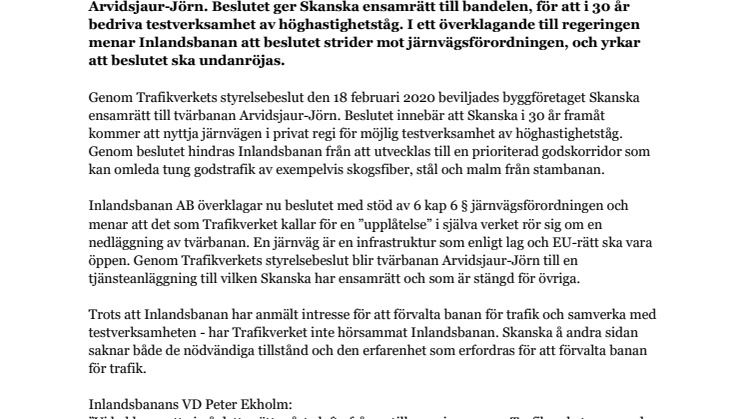 Inlandsbanan AB överklagar Trafikverkets beslut om tvärbanan Arvidsjaur-Jörn