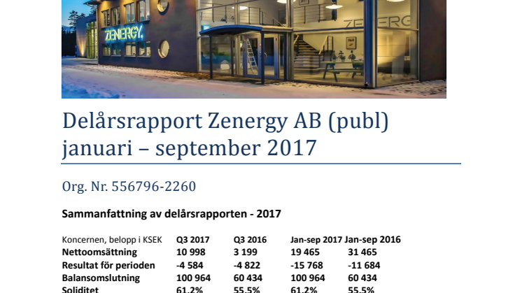 Zenergy AB (publ) Delårsrapport  januari – september 2017