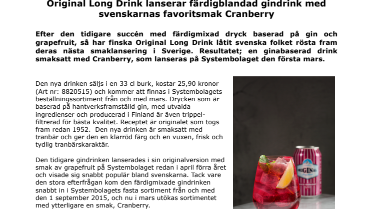 Original Long Drink lanserar färdigblandad gindrink med svenskarnas favoritsmak Cranberry