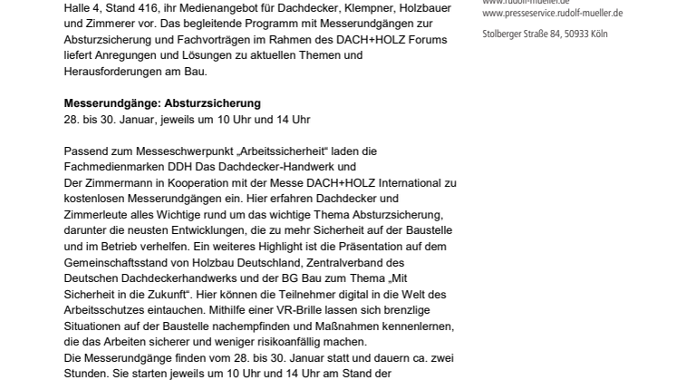DACH+HOLZ 2020: Rudolf Müller Mediengruppe veranstaltet Messerundgänge zur Absturzsicherung
