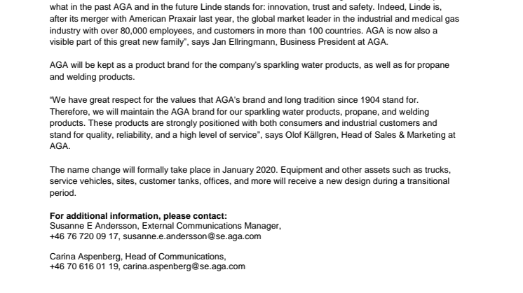 AGA to change its name to Linde in January 2020