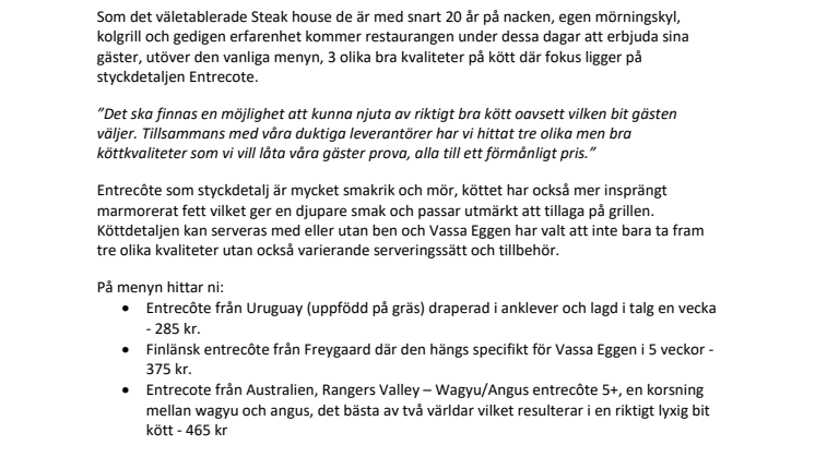 Vassa Eggen bjuder in till ”Quality Meat Week” mellan den 22–26 januari 2019.