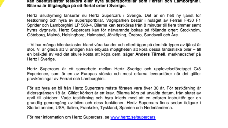 Hertz satsar på supersportbilar med nya tjänsten Supercars