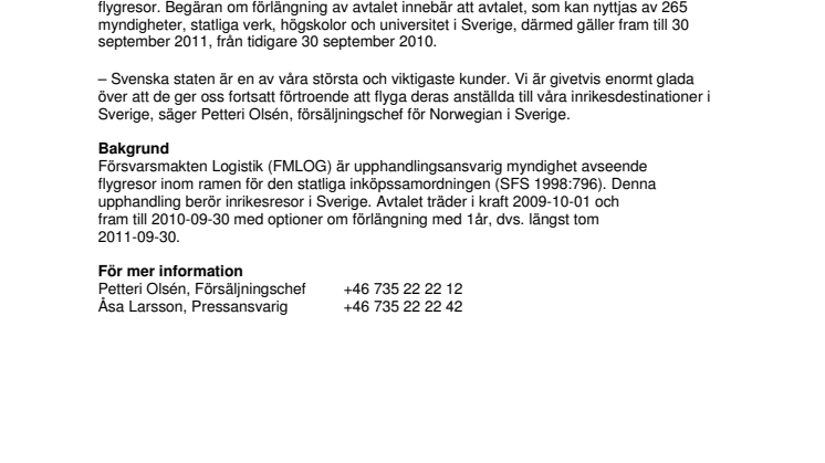 Svenska staten förlänger inrikesavtalet med Norwegian