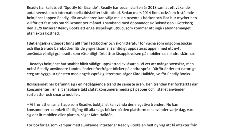 Readlys boktjänst utökar utbudet med engelska böcker - behåller priset 99 kronor per månad för alla böcker du hinner läsa