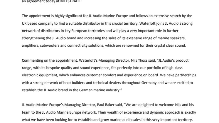 JL Audio Marine Europe: Waterloft Signs Agreement at METSTRADE to Become JL Audio’s German Distributor