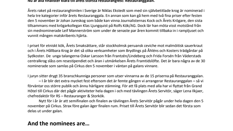 Ekstedt i guldläge inför Restauranggalan 2012
