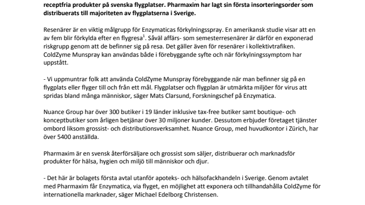 Enzymatica tecknar avtal för försäljning av ColdZyme® på svenska flygplatser
