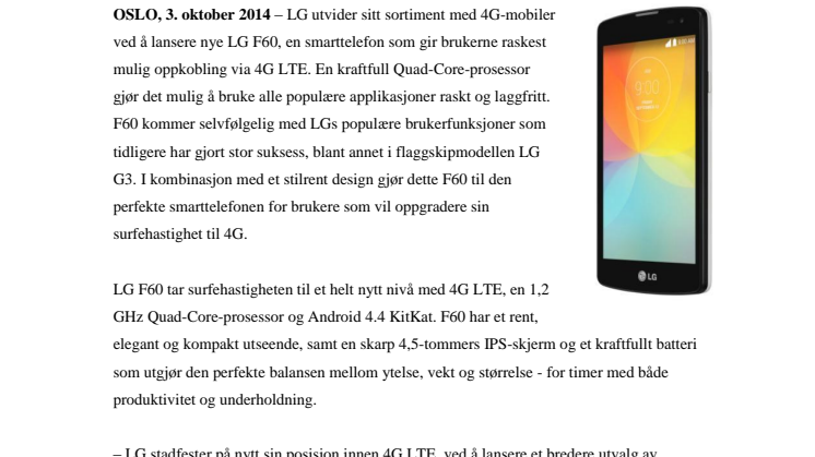 LG LANSERER DEN PRISVENNLIGE 4G-MOBILEN F60 - FULLSTAPPET MED SMARTE FUNKSJONER