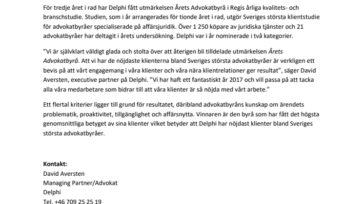 Delphi utsedd till Årets Advokatbyrå för tredje året i rad!