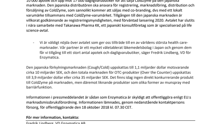 Enzymatica tecknar avtal för den japanska marknaden