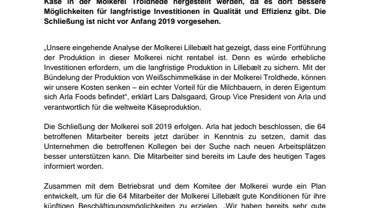 Arla Foods will Molkerei Lillebælt 2019 schließen