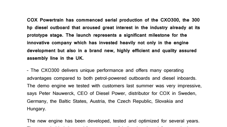COX’s 300 hp diesel outboard now in production