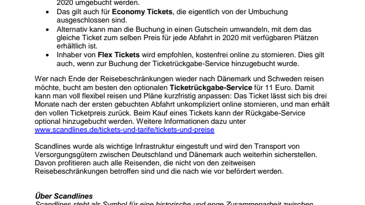 Scandlines verlängert kostenlose Umbuchungsmöglichkeiten für Reisen bis 10. Mai 2020