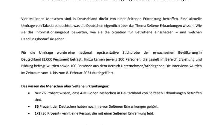 Unsichtbare Millionen? Takeda Umfrage zeigt: Die Größenordnung Seltener Erkrankungen wird unterschätzt. Mehrheit fühlt sich nicht ausreichend informiert und nimmt Unterstützung für Betroffene als gering wahr