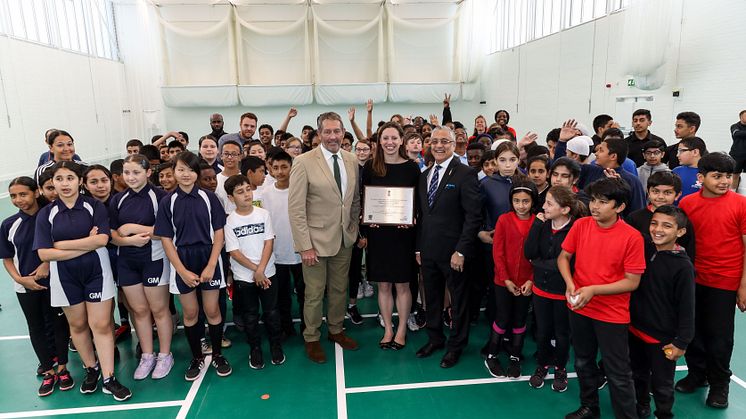 Graham Gooch, Waltham Forest Council Leader, Clare Coghill & Lord Patel of Bradford, Chair of ECB South Asian Advisory Group open Leyton Cricket Hub 