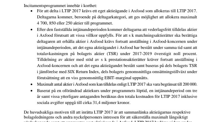 Styrelsen i Axfood föreslår långsiktigtaktiebaserat incitamentsprogram