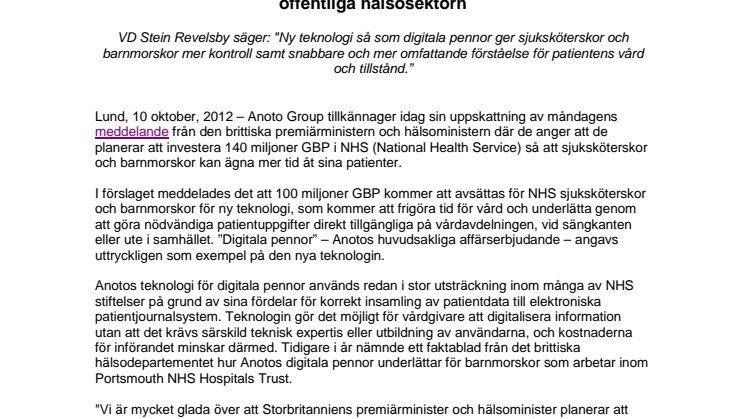 Anoto välkomnar Storbritanniens tillkännagivande om tillskott i finansiering för att påskynda den tekniska revolutionen inom den offentliga hälsosektorn