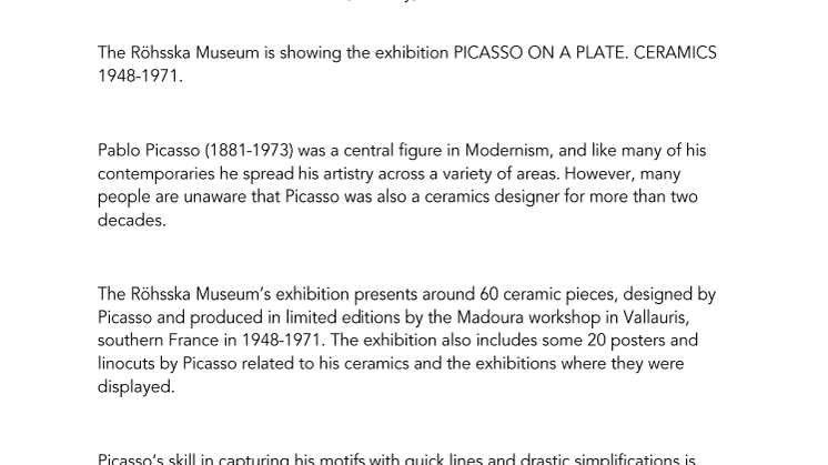 Reinvitation to Press Preview, 15 May, at 13.00 pm.  Picasso on a Plate.  Ceramics 1948-1971.