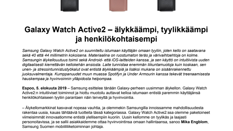Galaxy Watch Active2 – älykkäämpi, tyylikkäämpi ja henkilökohtaisempi