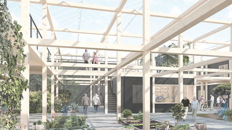 Den overdækkede fælles atriumhave giver både lys, luft, duft og skaber en ramme for nærhed og samvær. Illustration: SANGBERG Architects