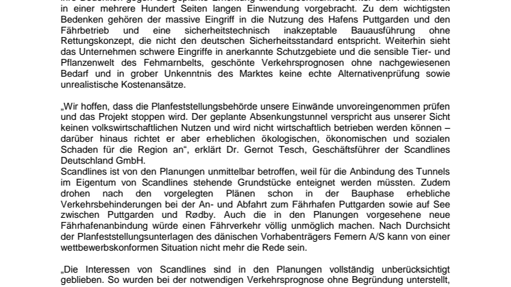Scandlines erhebt schwerwiegende Einwände im Planfeststellungsverfahren „Feste Fehmarnbeltquerung“
