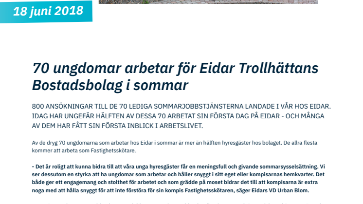 70 ungdomar arbetar för Eidar Trollhättans Bostadsbolag i sommar