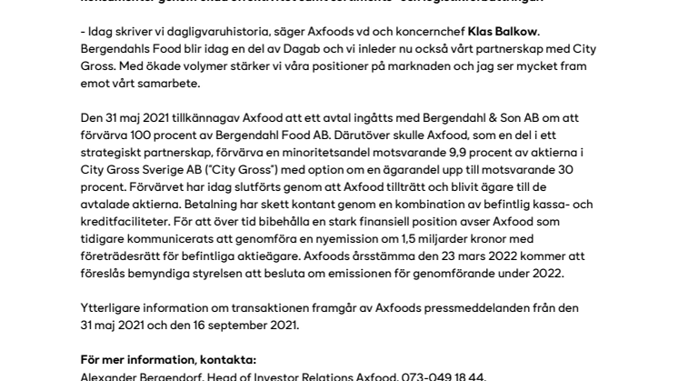 Axfood har slutfört förvärvet av Bergendahls Food och ingått partnerskap med City Gross.pdf