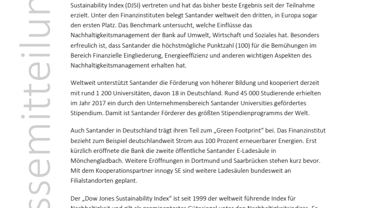 Dow Jones Sustainability Index:  Banco Santander belegt ersten Platz in Europa