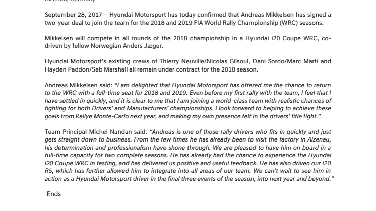 Andreas Mikkelsen har signert to-års kontrakt med Hyundai