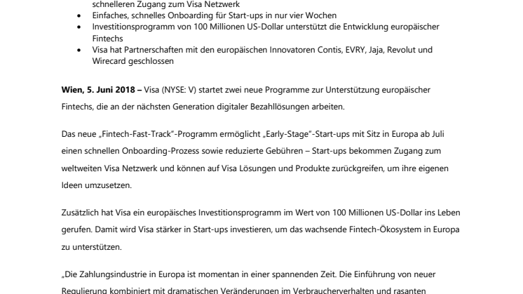Visa ermöglicht schnelleren Zugang zu seinem Netzwerk und startet 100-Mio.-US-Dollar-Programm für europäische Fintechs