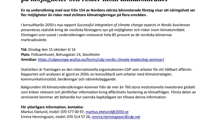Pressinbjudan: Ny statistik kring nordiska företags syn på möjligheter och risker inom klimatområdet