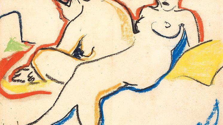 Ernst Ludwig Kirchner: Zwei Akte auf einem Lager (1905). Schwarze Kunstkreide und Farbkreiden auf Papier.  Kunstmuseum Bern, Legat Cornelius Gurlitt  2014.