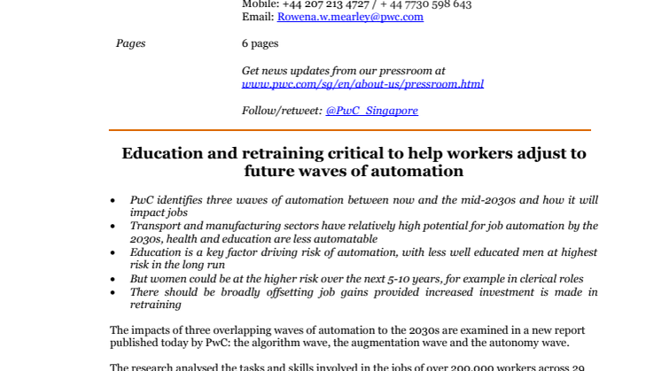 Education and retraining critical to help workers adjust to future waves of automation