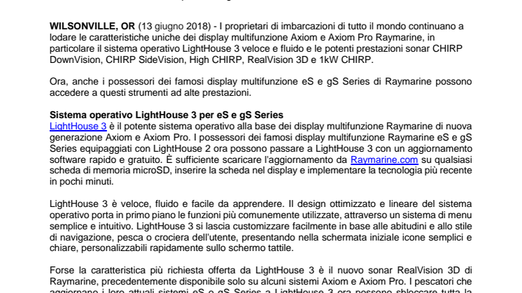 Raymarine: Aggiornamento all'ultimo sistema operativo Raymarine e alla più recente tecnologia sonar