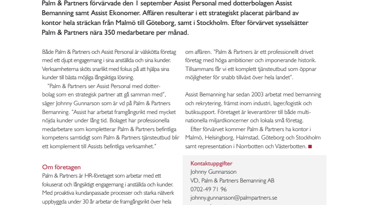Palm & Partners köper upp bemanningsföretaget Assist Personal
