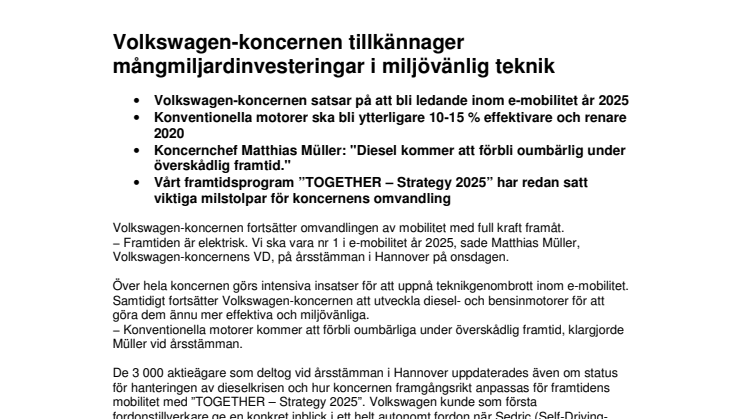 Volkswagen-koncernen tillkännager mångmiljardinvesteringar i miljövänlig teknik