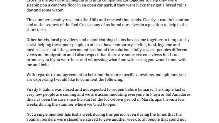 Calvin Lucock (MD of Holiday Club Canaries) statement on housing refugees