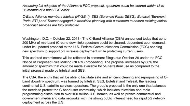 C-Band Alliance Increases to 200 MHz Its FCC Proposal for Spectrum Repurposing in the U.S. to Support Nationwide 5G Deployment