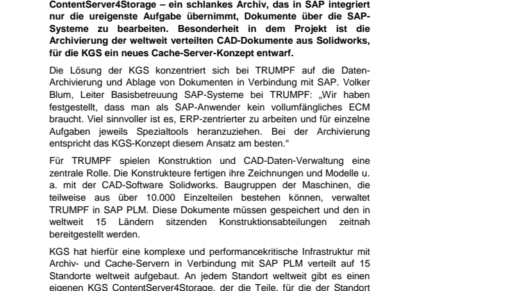 CAD-Daten-Verwaltung bei TRUMPF mit SAP-Archivierungslösung der KGS