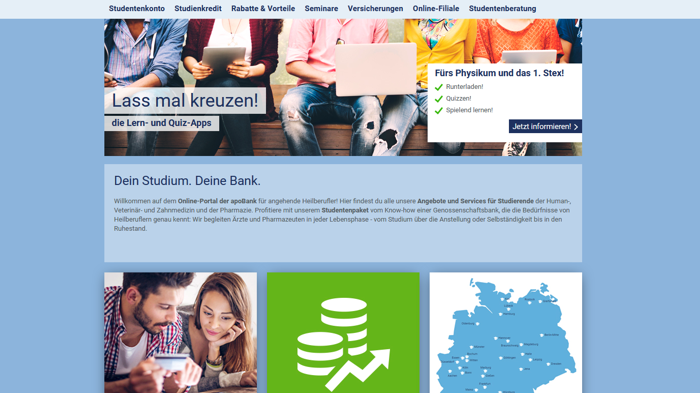 Alle Inhalte der apoBank für Heilberufe-Studenten in einem frischen, modernen Look. Bild: apoBank