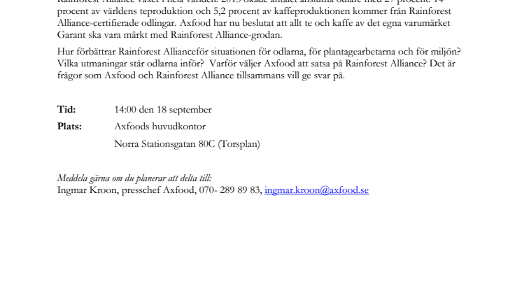 Axfood och Rainforest Alliance inbjuder till pressträff