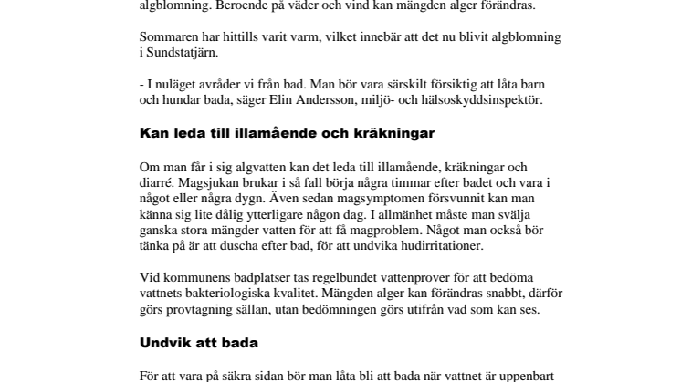 Algblomning i Sundstatjärn - kommunen avråder från bad