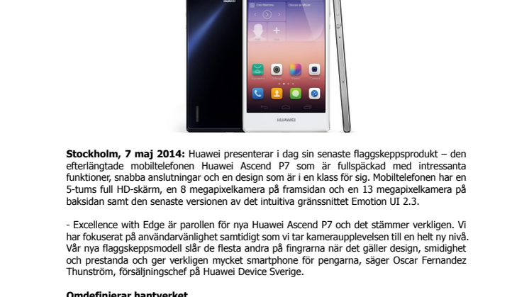 Huawei presenterar nya  flaggskeppsprodukten Ascend P7 