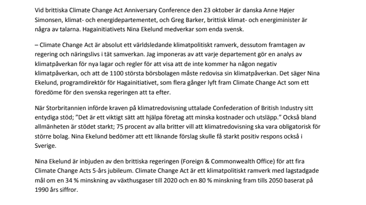 Brittiska Climate Change Act fyller fem år – Hagainitiativets Nina Ekelund enda svensk på plats
