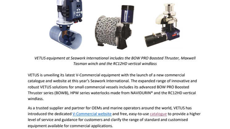 VETUS Highlights Latest V-Commercial Equipment with Launch of New Catalogue and Website at Seawork