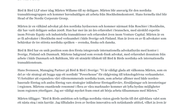Bird & Bird rekryterar Mårten Willamo för att leda den Nordiska transaktionsgruppen