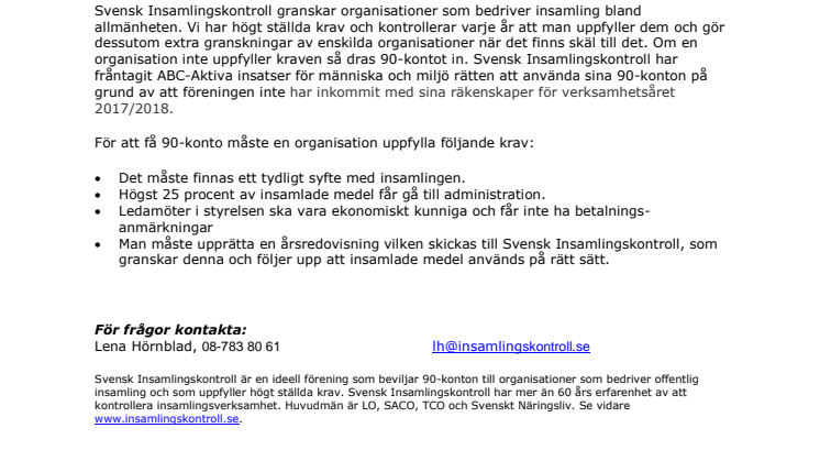 ABC-Aktiva insatser för människa och miljö förlorar sitt 90-konto